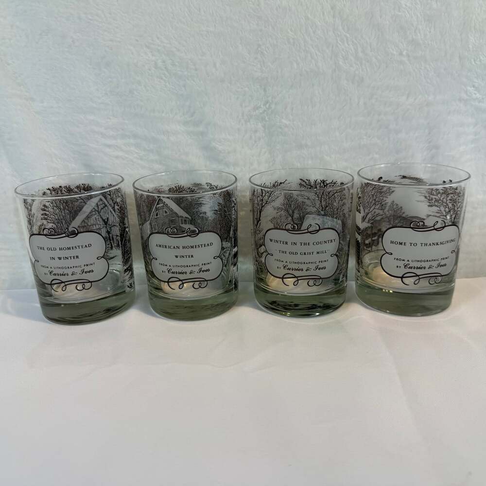 4 CURRIER & IVES-BROWN  Old Fashioned Glasses Brown White Print